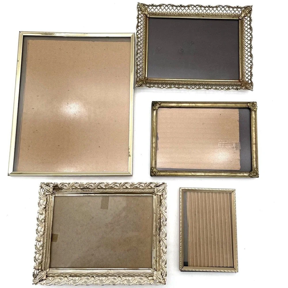 Vintage Picture Frame Lot of 5 Gold Tone Ornate Metal Frames Wall Tabletop Decor